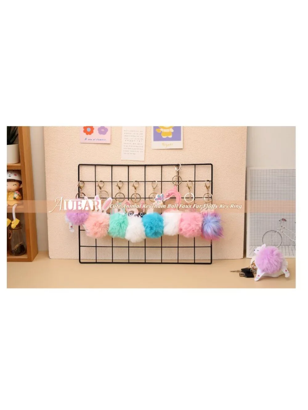 6 Pack Cute Animal Pom Pom Keychains Faux Fur Fluffy Key Rings for Women Girls
